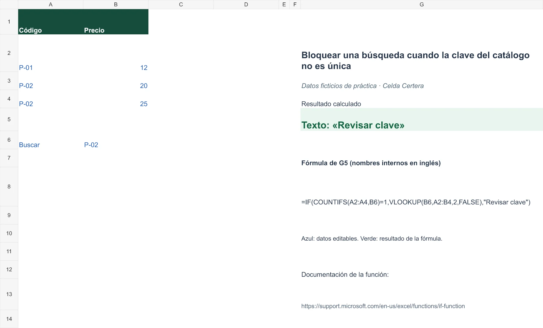 Ejemplo G058: datos de entrada y fórmula en G5 con resultado Revisar clave. La tabla anterior contiene los datos accesibles.