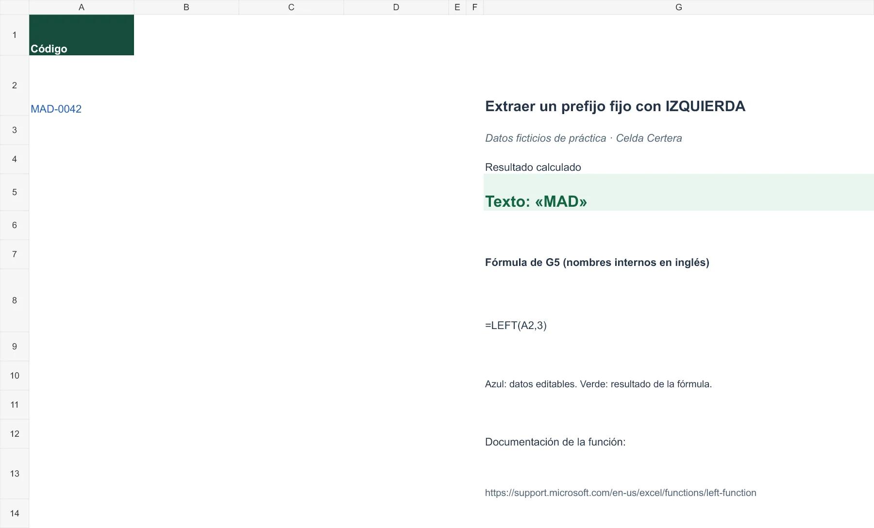 Ejemplo G067: datos de entrada y fórmula en G5 con resultado MAD. La tabla anterior contiene los datos accesibles.