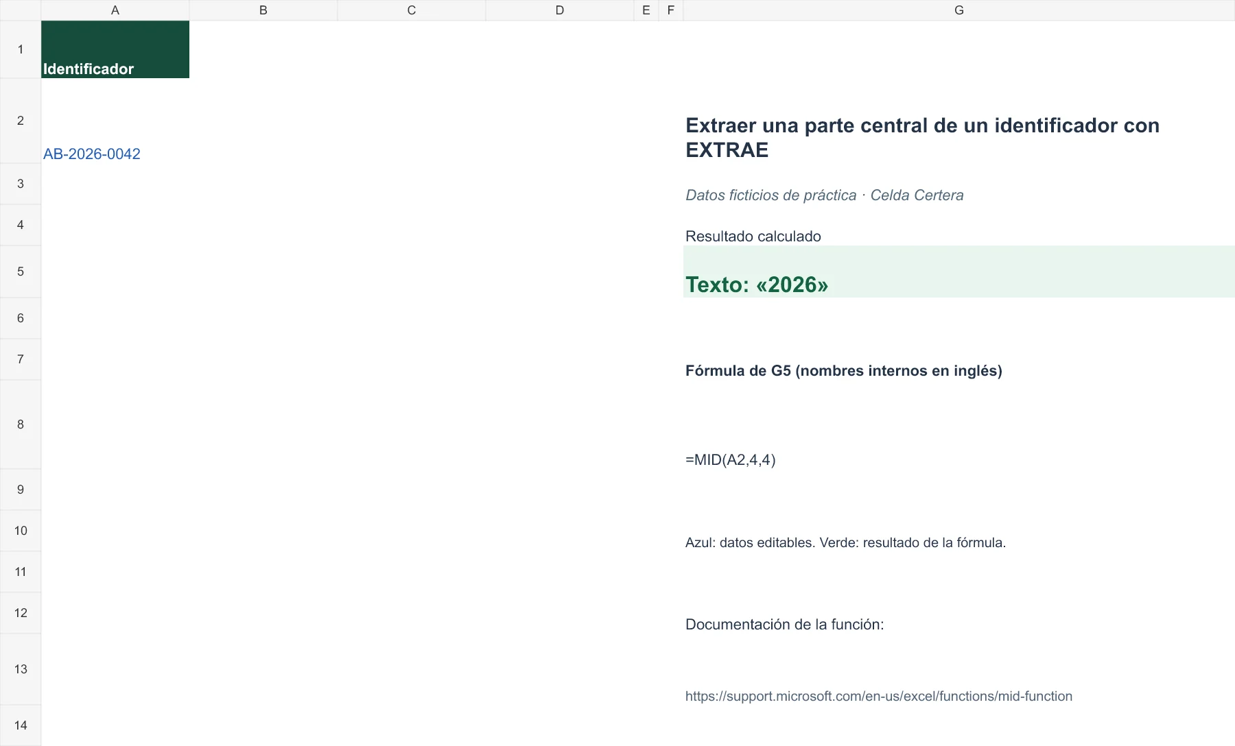 Ejemplo G069: datos de entrada y fórmula en G5 con resultado 2026. La tabla anterior contiene los datos accesibles.