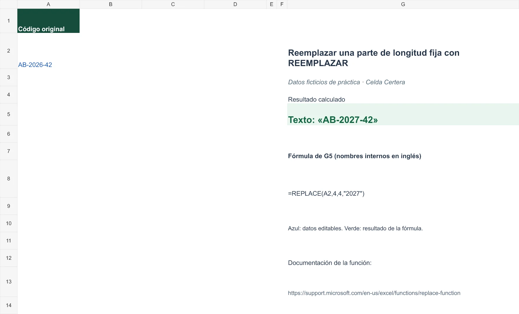 Ejemplo G075: datos de entrada y fórmula en G5 con resultado AB-2027-42. La tabla anterior contiene los datos accesibles.