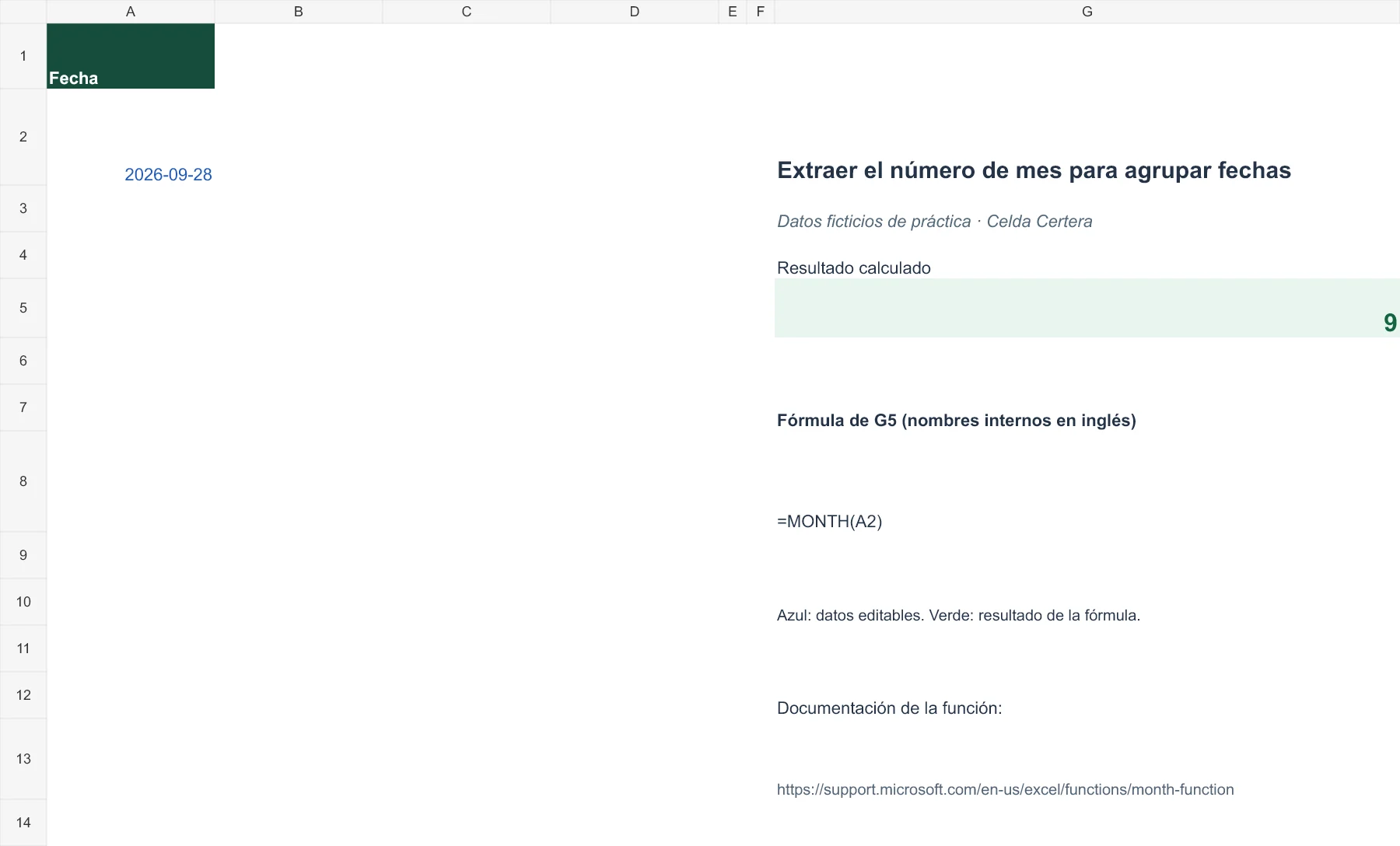 Ejemplo G083: datos de entrada y fórmula en G5 con resultado 9. La tabla anterior contiene los datos accesibles.